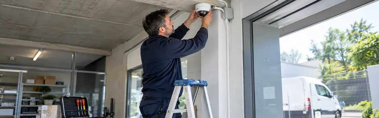 Installateur réglant une caméra de vidéosurveillance professionnelle